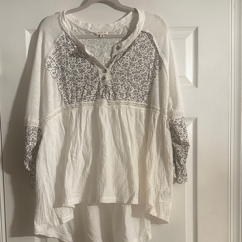 POL White Boho Floral Raglan Henley Tunic